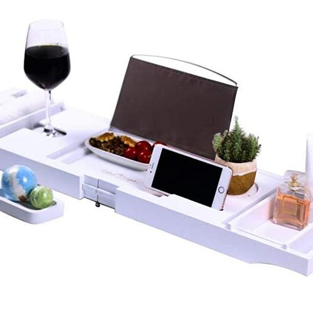 Cabot & Carlyle Luxury Bath Caddy Tray for Tub | Bath Table | Premium Bamboo Bathtub Tray for Tub | Fits All Bath Accessories Wine Glass, Books, Tablets, Cellphones, Shampoo | Bath Shelf Foldable