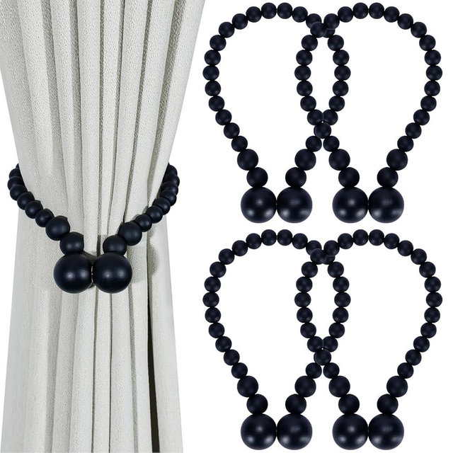 KLOGTSIND Magnetic Curtain Tiebacks, Curtain Tie Backs for Curtains 4 Pack, Wood Bead Curtain Tiebacks, Curtain Holders for Boho Bedroom Decor, Baby Nursery Decor, Farmhouse Decor