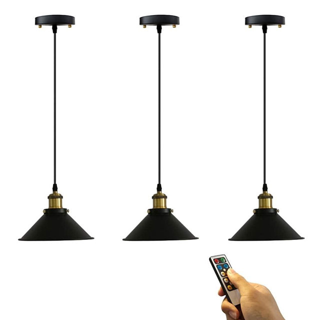 KAYYELAMP 3-Lights 100 Lumens Multi-Function Led Remote Control Battery Run Indoor No Cord Black Retro Pendant Light for Aisle Bedroom Laundry Loft-Easy Installation, Dimmable,Battery Not Included