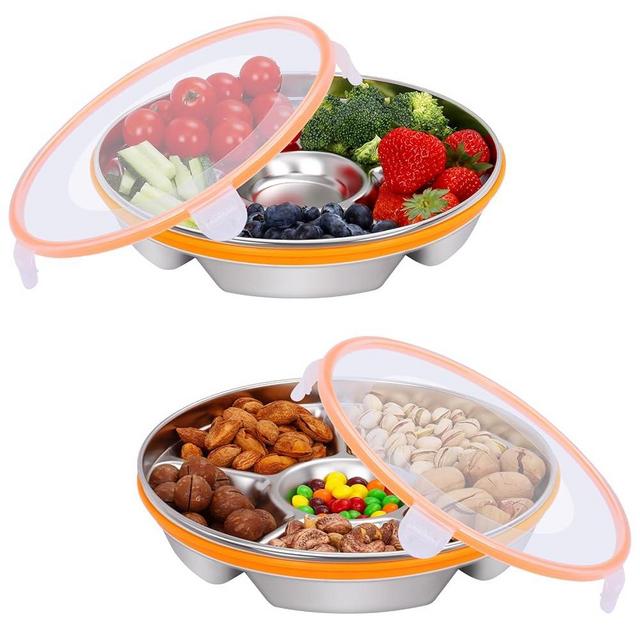 KesaPlan Veggie Tray with Lid and Dip - 2 Pack Divided Serving Tray with Lid Snack Tray with Lid Stainless Steel 6 Compartments 10inch 60oz for Party Platter,Vegetable Relish Fruit Tray,Snackle box
