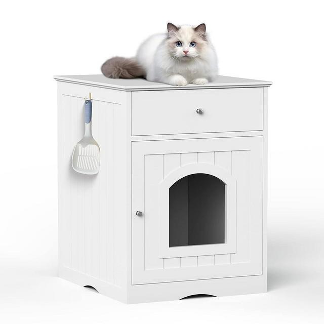 HomeCyber Wooden Cat Litter Box Enclosure with Drawer, Indoor Pet Crate Cat House, Multi-Use Side Table Nightstand (White)