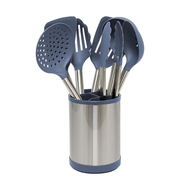 Glad Kitchen Utensils Set, 8pcs - Nonstick Cooking Tools with Stainless Steel Handles & Rotating Utensil Holder - Turners, Ladle, Spoon, Tongs, Spaghetti Server, and Skimmer - Dishwasher Safe, Blue
