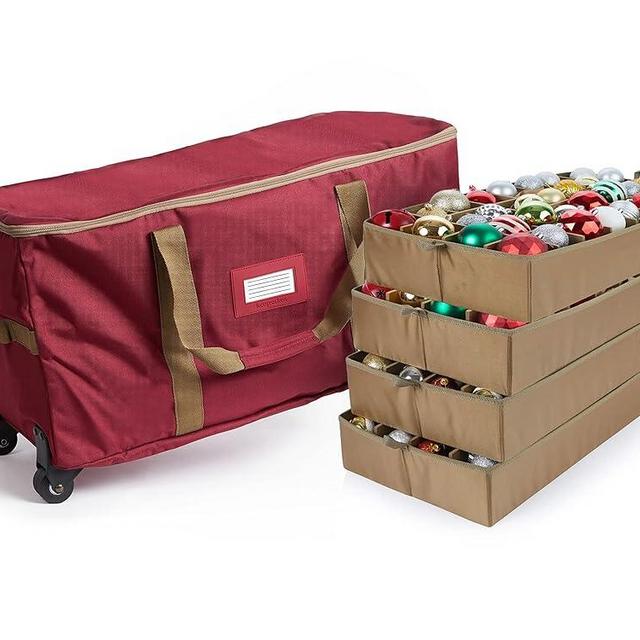 Covermates Keepsakes Rolling Adjustable Ornament Storage Bag - Carrying Handles, Padded Protection, Dual Wheels - Holiday Storage, Red