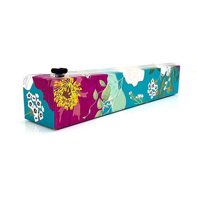 ChicWrap Spring Flowers Plastic Wrap Dispenser with 12" x 250' Roll of Professional Plastic Wrap - Reusable Dispenser with Slide Cutter