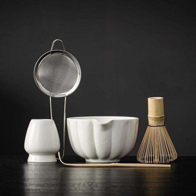 SFTXEY Matcha Whisk Set, Matcha Bowl with Spout, Matcha Whisk, Chasen Holder, Sifter, Bamboo Scoop - 5 Pcs Perfect Matcha Making Kit for Matcha Lover and Tea Ceremony (Pearl White)