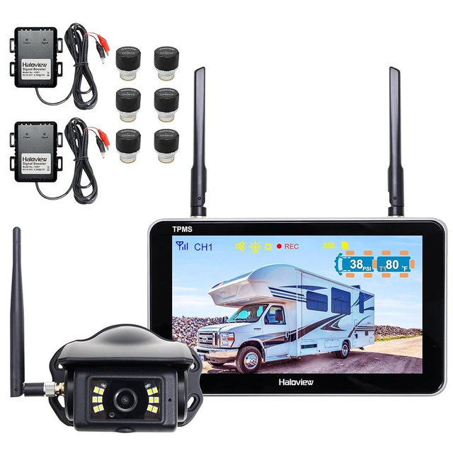 Haloview Byte Tango BT7 TPMS with 6 Sensors 1080P Wireless Backup Camera System with Integrated Rv Tire Pressure Monitoring System for RV Truck Trailer Camper TPMS-6S