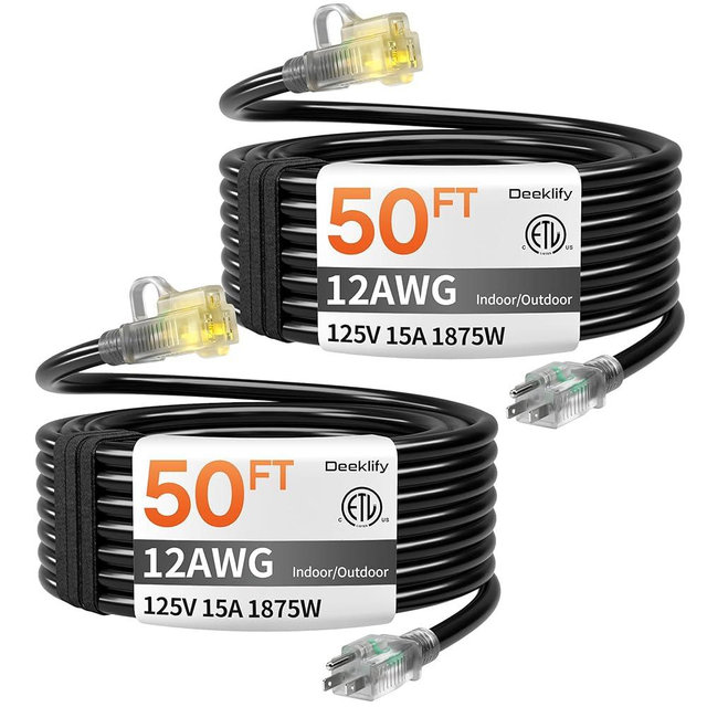 2 Pack 12 Gauge 50 FT Heavy Duty Outdoor Extension Cord Waterproof with Lighted End,Black 12 Gauge Extension Cord Flexible and Cold Resistant 3 Prong Grounded Plug,15Amp 1875W SJTW ETL Listed