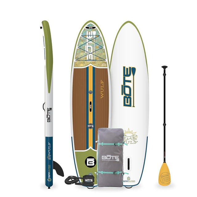 BOTE Wulf Aero Inflatable Stand Up Paddle Board Kit Includes Accessories Adjustable Paddle iSUP Travel Bag Blow Up Pump Safety SUP Coiled Leash Multiple Sizes