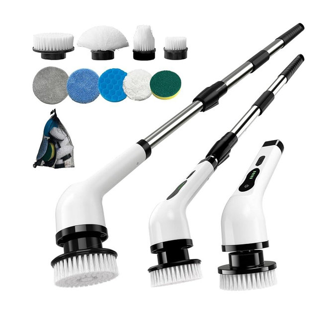Kingwell Electric Spin Scrubber, Cordless Electric Scrubber for Cleaning with 9 Brush Heads, 2 Speeds,3 Adjustable Handle, 90Mins Work Time, Shower Scrubber for Bathroom, Tub, Floor,White