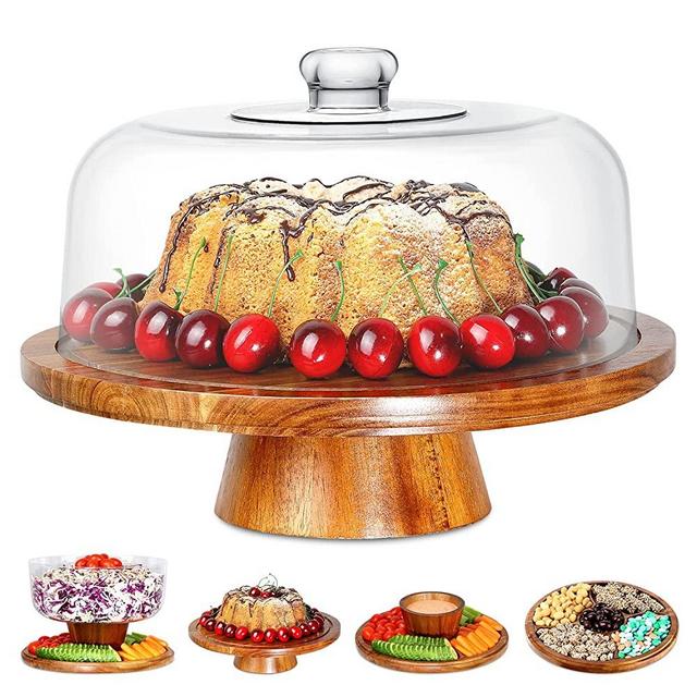 Acacia Wood Cake Stand with Clear Acrylic Dome Cover - 6-in-1 Multifunctional Cake Holder, Serving Platter, Salad Bowl, Punch Bowl, Veggie Stand, Snack Tray - Extra Large Cake Platter,