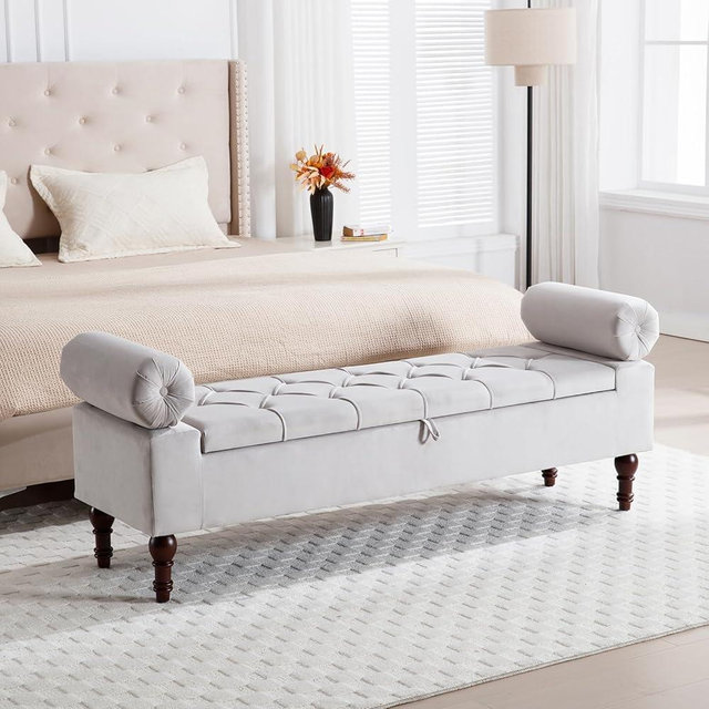 HOMYKA 67'' Storage Bench Upholstered with Tufted Button Adjustable Rolled Arms Velvet End of Bed Bench Storage Bench for Bedroom Living Room Entryway (LightGray)