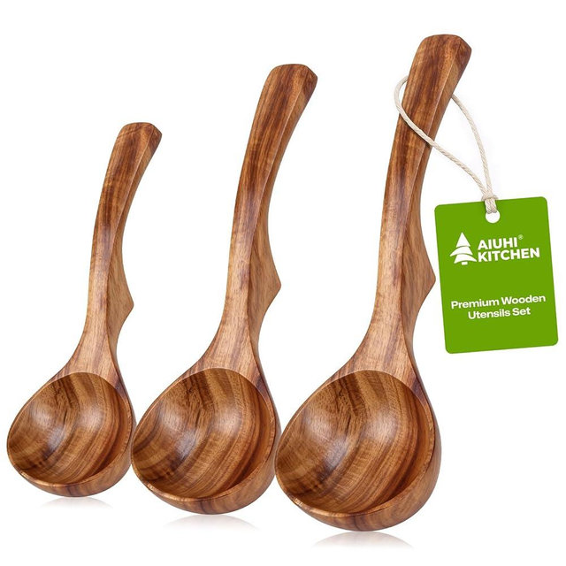 AIUHI Wooden Ladle Spoon Set, 3Size Teak Wood Ladle Spoon, Wooden Soup Spoon for Cooking, Non-Stick, Comfortable Grip for Cooking and Serving