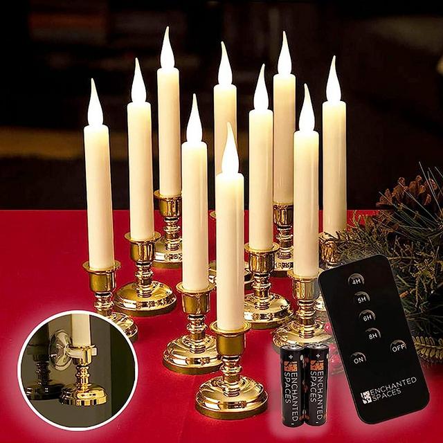 Enchanted Spaces Set of 10 Flameless Ivory Window Candles with Removable Gold Candle Stands, 20 AA Batteries, Remote Control, Daily Timer, Window Suction Cups, Battery Operated LED Light