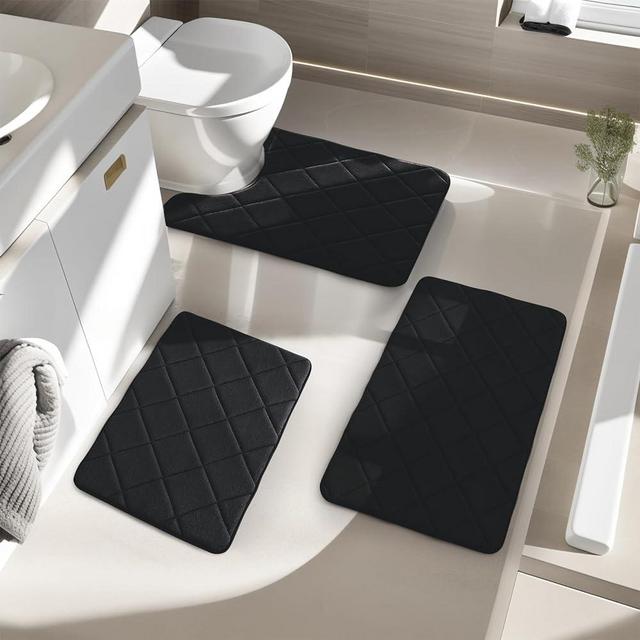 YIHOUSE Bathroom Rug Set 3 Piece, Ultra Soft Memory Foam Bathroom Rugs Set Non Slip, Machine Wash Bath Rug Set Water Absorbent for Bathroom, Toilet (Black)