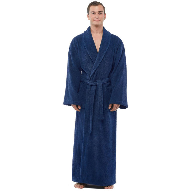 Arus Men's Full Length Turkish Terry Cotton Robe, Shawl Collar Long Bathrobe , Dark Blue , Large/X Large