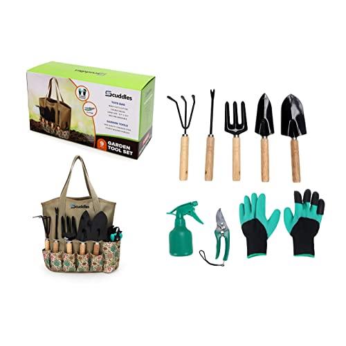 Scuddles Garden Tools Set - 8 Piece Heavy Duty Gardening Kit with Storage Organizer, Ergonomic Hand Digging Weeder Rake Shovel Trowel Sprayer Gloves Gift for Men Or Women