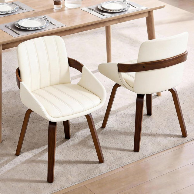 Misshappy Mid Century Modern Dining Chairs Set of 2, Swivel Faux Leather with Walnut Bentwood Arms, Channel Tufted Curved Back, 300 lbs Capacity (White)