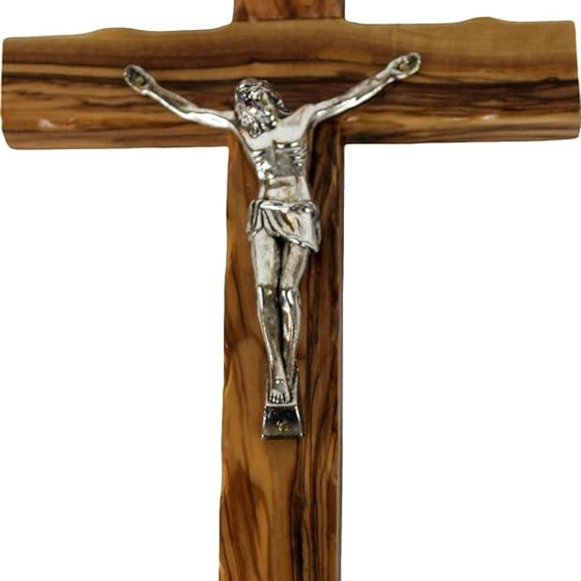 Holy Land Market Olive Wood Cross 10 Inch Crucifix - Hand Carved Catholic Wall Decor from Bethlehem, Home Decor with Certificate & Lord's Prayer Card, Supports Christians in Holy Land