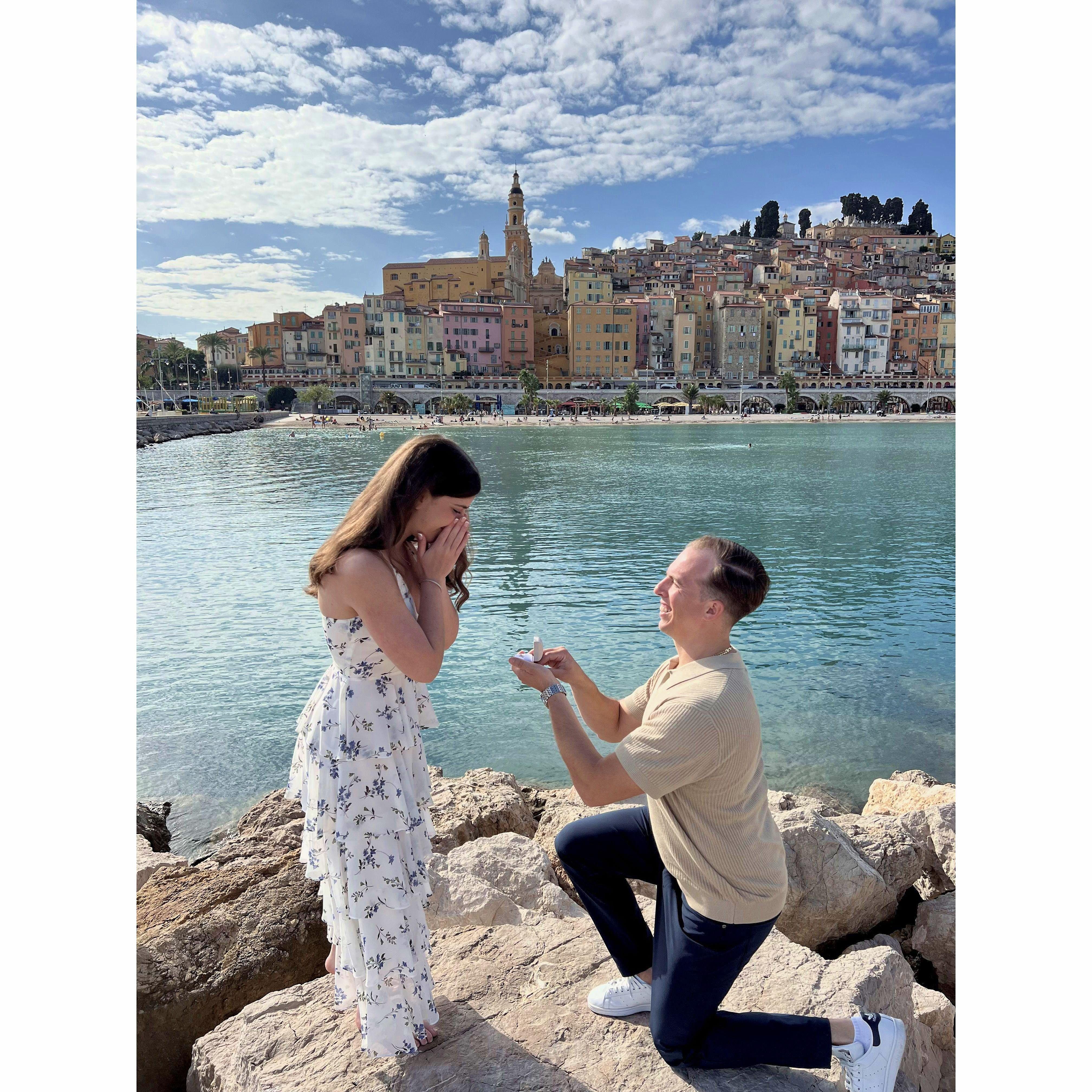 Off the stone steps in the South of France, by the clear cool water overlooking the beautiful quaint town of Menton, Robert made his proposal to Marisa.