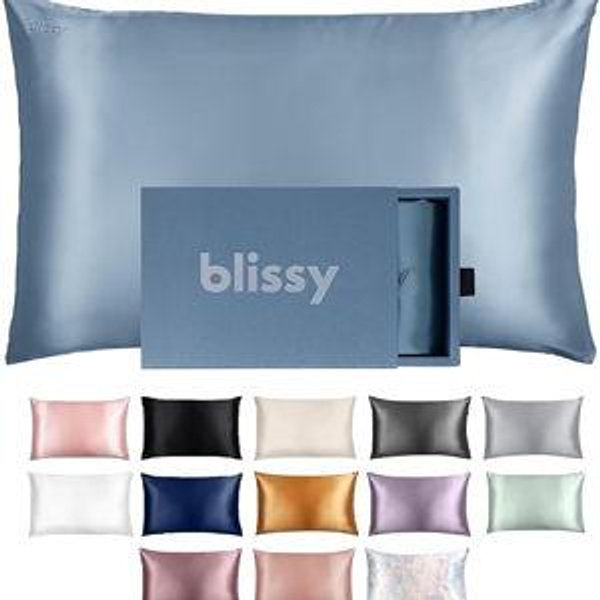 Blissy Silk Pillowcase - 100% Pure Mulberry Silk - 22 Momme 6A High-Grade Fibers - Silk Pillow Cover for Hair & Skin - Regular, Queen & King (Ash Blue, Standard)
