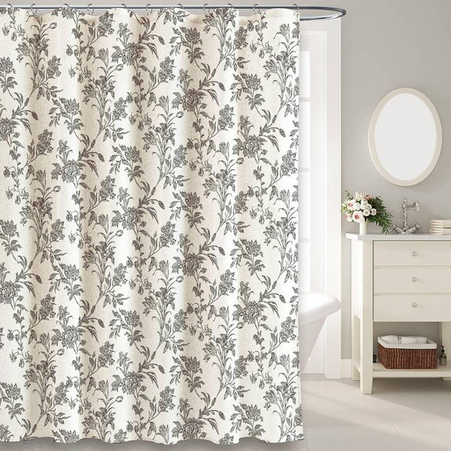 Black Shower Curtain Floral Cotton Linen Cottagecore Shower Curtain for Bathroom 36" W x 72" L