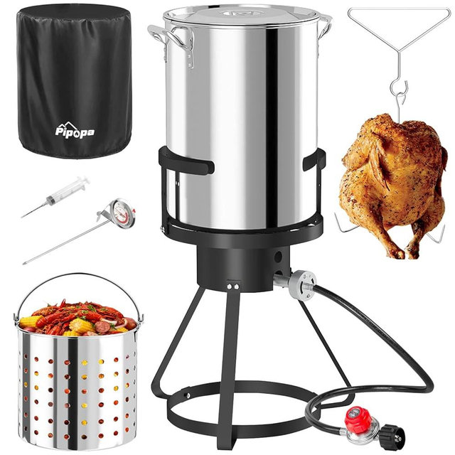 30QT Stainless Steel Turkey Fryer | Seafood & Crawfish Boiler | Basket & Waterptroof Cover Included | 50,000BTU Propane Burner | Outdoor Deep Fryers | Ideal for Frying & Boiling