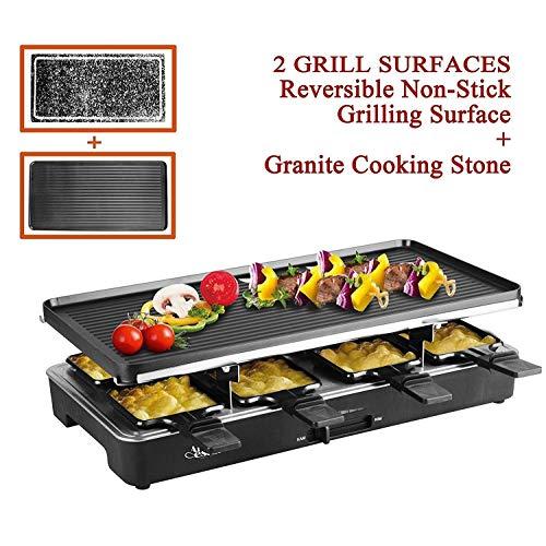 Artestia Electric Raclette Grill Tabletop BBQ,Two Large Non-stick Grilling Plates,Adjustable Temperature Control,8 Paddles,Clean Easy,Great Party(Full Size Stone/Reversible Metal Plates Raclette)