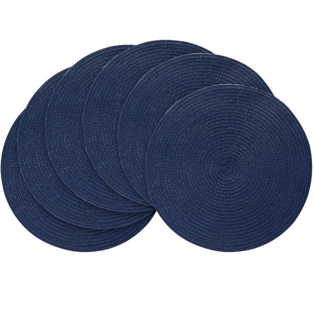 Floroom 15 Inch Round Braided Placemats Set of 6, Washable Heat Resistant Cotton Polyester Circle Place Mats for Kitchen Dining Table - Navy Blue