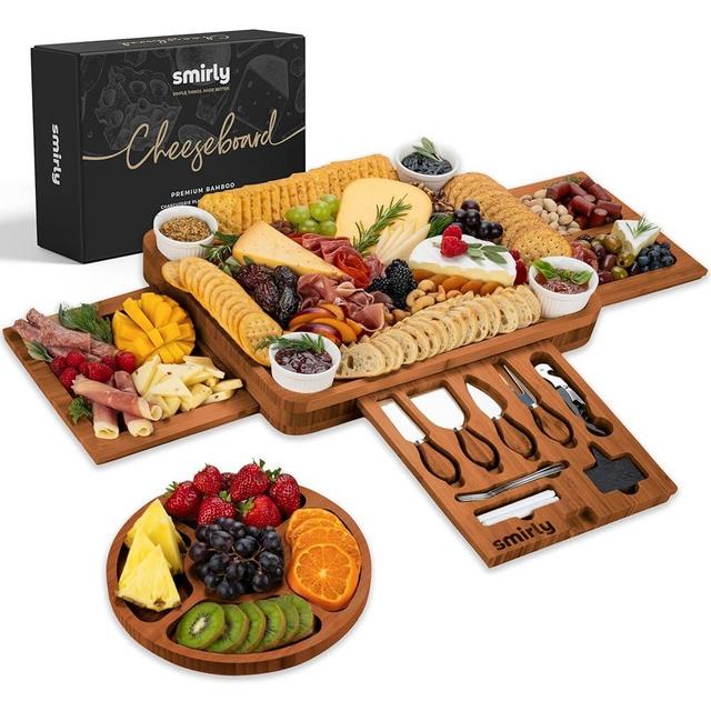 SMIRLY Charcuterie Boards Gift Set: Charcuterie Board Set, Bamboo 3 Side Brown Cheeseboard-4 Bowls Set - House Warming Gifts New Home, Wedding Gifts for Couple, Bridal Shower Gift