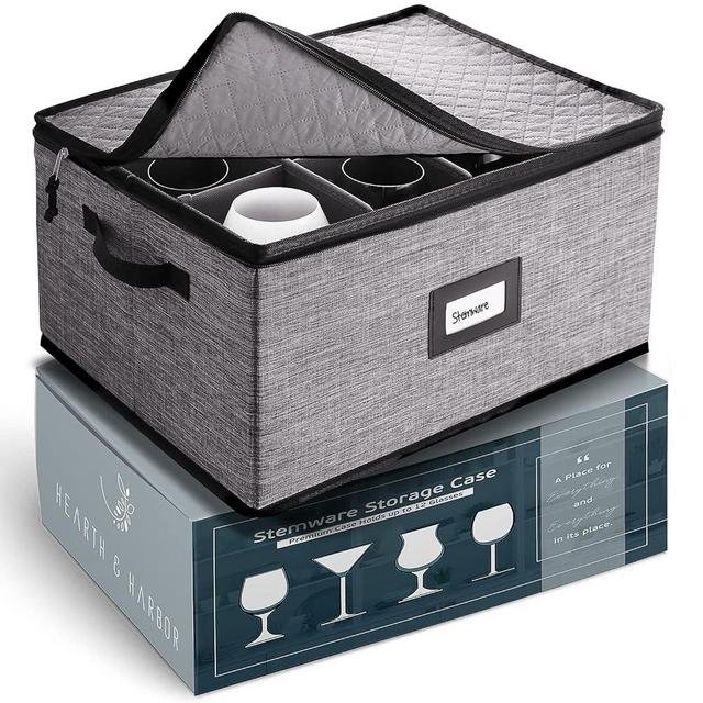 Wine Glass Storage Box with Dividers – Quilted and Stackable Stemware Storage Cases, Service of 12 Glassware Storage Containers, China Storage Containers Hard Shell for Moving and Seasonal Storage