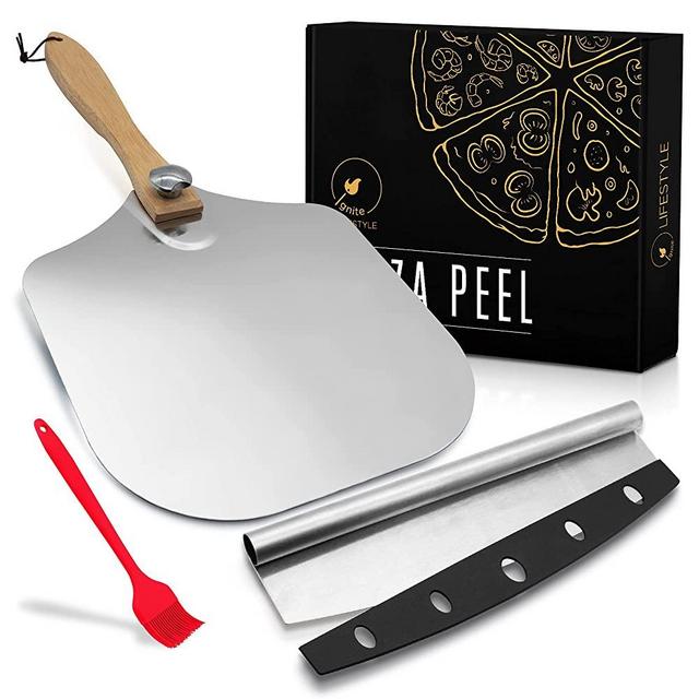 Ignite Lifestyle Pizza Peel Set - Pizza Spatula 12"x14" + Pizza Rocker Cutter + Pastry Brush - Aluminum Metal Pizza Peel 12 Inch w/Foldable Wood Handle for Easy Storage-Homemade for Pizza/Baking/Bread