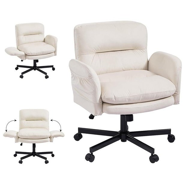 Bestier Criss Cross Office Chair with Flip-Up Arms, Vanity Comfy Chair with Thick Cushion & Wheels, Cross Legged Office Chair for Home Office, Bedroom, Beige Velvet