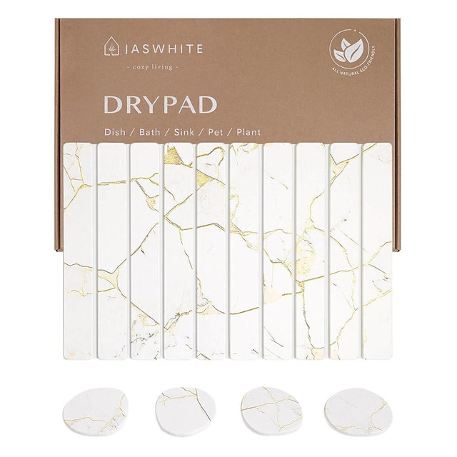 Stone Dish Drying Mat - Large Foldable Marbled Quick Drying Dish Mats With Stone Coasters Set of 4 Collapsible Ultra Absorbent Diatomaceous Earth Mats for Kitchen Counter Bathroom (White)