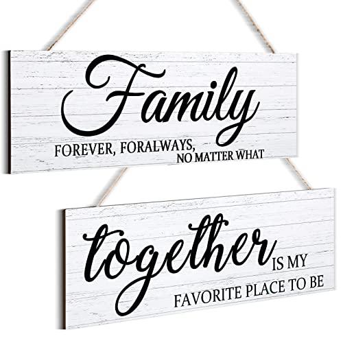2 Pieces Family Quotes Wall Sign Together Wooden Wall Decor Printed Rustic Wood Sign Farmhouse Style Entryway Sign Plaque for Bedroom Living Room Office Outdoor Home Decorations, 4.7 x 13.8 Inch
