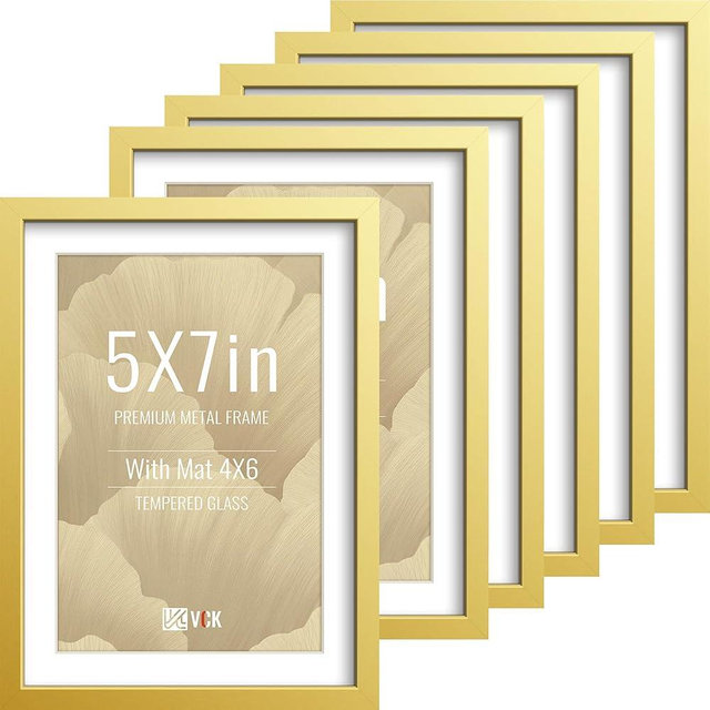 VCK 5x7 Picture Frame Gold 6 Pack, High-End Aluminum Metal Poster Frame with Tempered Glass, Display Photo 4x6 with Mat or 5x7 Without, for Home, Office, Studio and Gallery, Wall Hanging or Tabletop