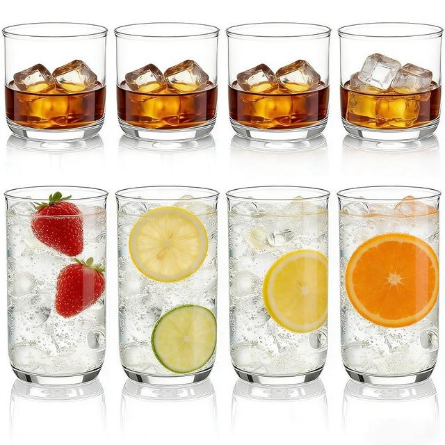Berglander Drinking Glasses Set of 8, PET Clear Plastic Highball Glasses 14oz & Whiskey Cocktail Glasses Set 11.5oz, Heavy Duty Unbreakable Water Glasses Cup Tumbler Glassware for Beer, Juice, Milk