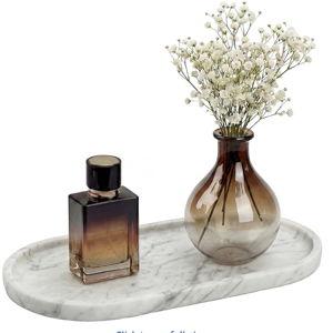 YKAJO 11.6" x 5.9" Oval Real Marble Tray for Bathroom & Kitchen Counter — 100% Natural Stone Decorative Vanity Tray for Dresser & Perfume — Heavy Catchall Organizer for Soap & Jewelry, White Gray