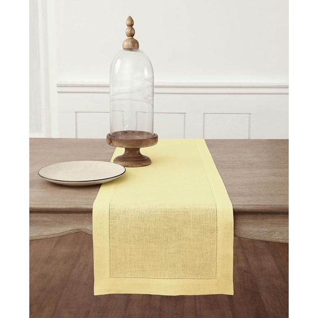 Solino Home Linen Yellow Table Runner 108 Inches Long - 100% Pure Linen 14 x 108 Inch Table Runner for Summer - Classic Hemstitch