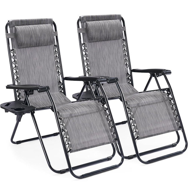 NEWBULIG Zero Gravity Chair Set of 2, Lounge Chair Folding Portable Adjustable Camping Reclining Chairs with Adjustable Pollow, Mesh Back, Cup Holder Trays Lawn Patio Chair for Pool Beach - Grey