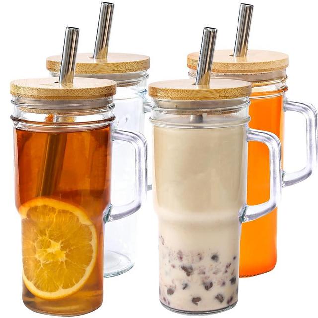 Glass Cup with handle - 24oz Tumbler glass cup with bamboo lids and straw 4 pack…