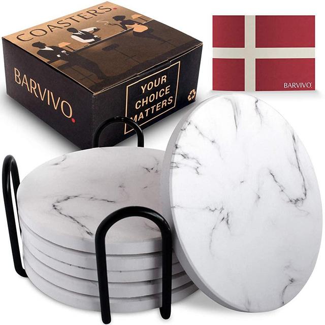 BARVIVO Marble Look Ceramic Coasters for Drinks Absorbent with Holder Set of 6 - Absorbing Condensation Immediately - Ideal Drink Coasters for Wooden Table Protection with Scratch Preventing Cork Base