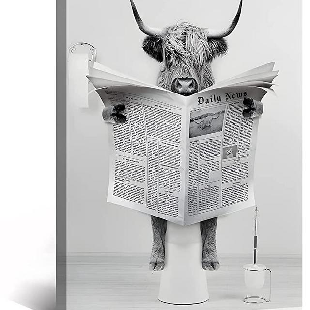 Funny Highland Cow Wall Art in Bathtub, Black and White Canvas Cow In Bathroom Picture, Humor Animals Bathroom Artwork Prints Rustic Farmhouse Style Wall Decor Ready To Hang for Living Room, Bathroom, Bedroom, Kids Bathroom Decor (12"x16", Framed)
