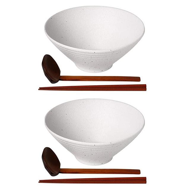 Kanwone Ceramic Japanese Ramen Bowl Set, Soup Bowls - 60 Ounce, with Matching Spoons and Chopsticks for Udon Soba Pho Asian Noodles, Set of 2, White