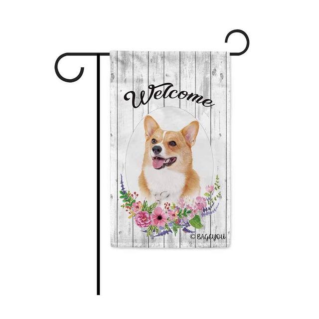 BAGEYOU Welcome Spring Summer Flowers Cute Dog Corgi Decorative Garden Flag Lovely Puppy Floral Seasonal Home Decor Banner for Ourside 12.5X18 Inch Print Double Sided