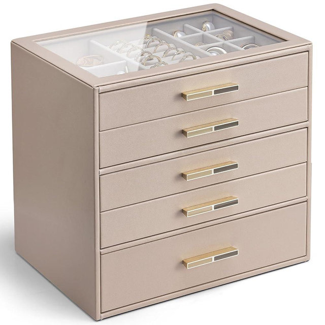 VLANDO 5 Layer Jewelry Box for Women, Glass Lid Jewelry Organizer with 5 Drawers for Necklaces Rings Earrings Bracelets - Toffee