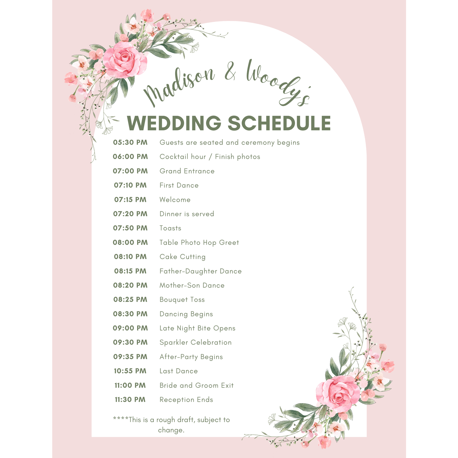 This is a rough-draft of the wedding schedule and what will be happening the day of. This is subject to change as we move through the day.