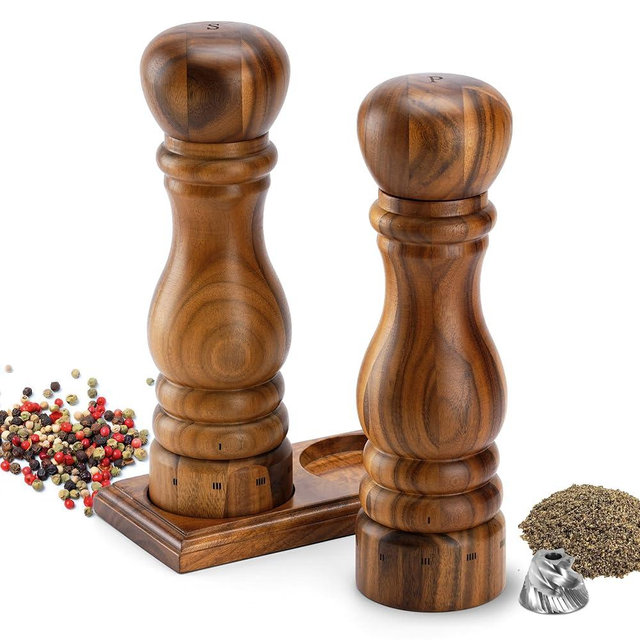 Aurevit Wooden Salt and Pepper Grinder Set, Manual Salt and Pepper Mill with Ceramic/Stainless Steel Core, Refillable Salt Grinder with External Adjustable Coarseness, 9” Tall (Acacia)