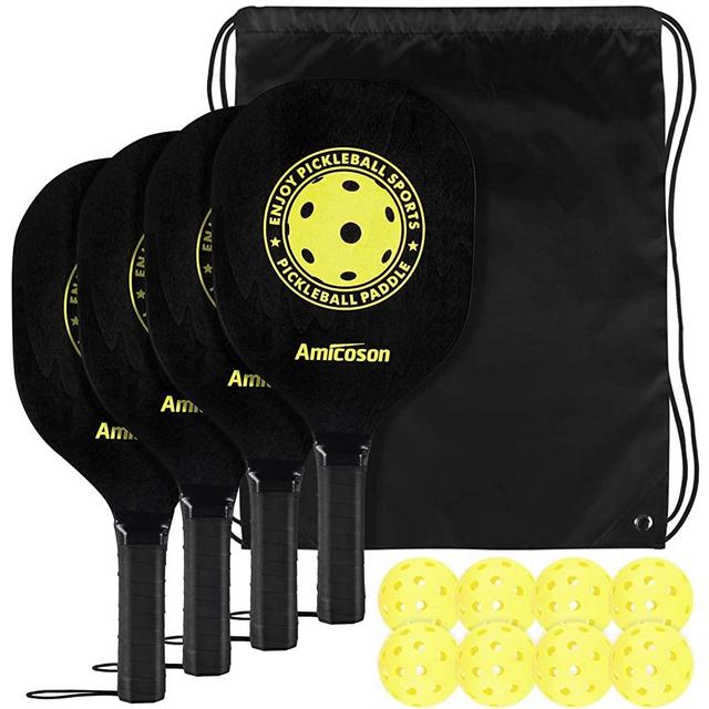 Amicoson Pickleball Paddles - Pickleball Set of 4 Wood Paddles, Indoor & Outdoor Pickleball Balls, Pickleball Paddle Set of 4 Pickleball Racket Ergonomic Cushion Grip, 8 Pickleball Balls & 1 Carry Bag