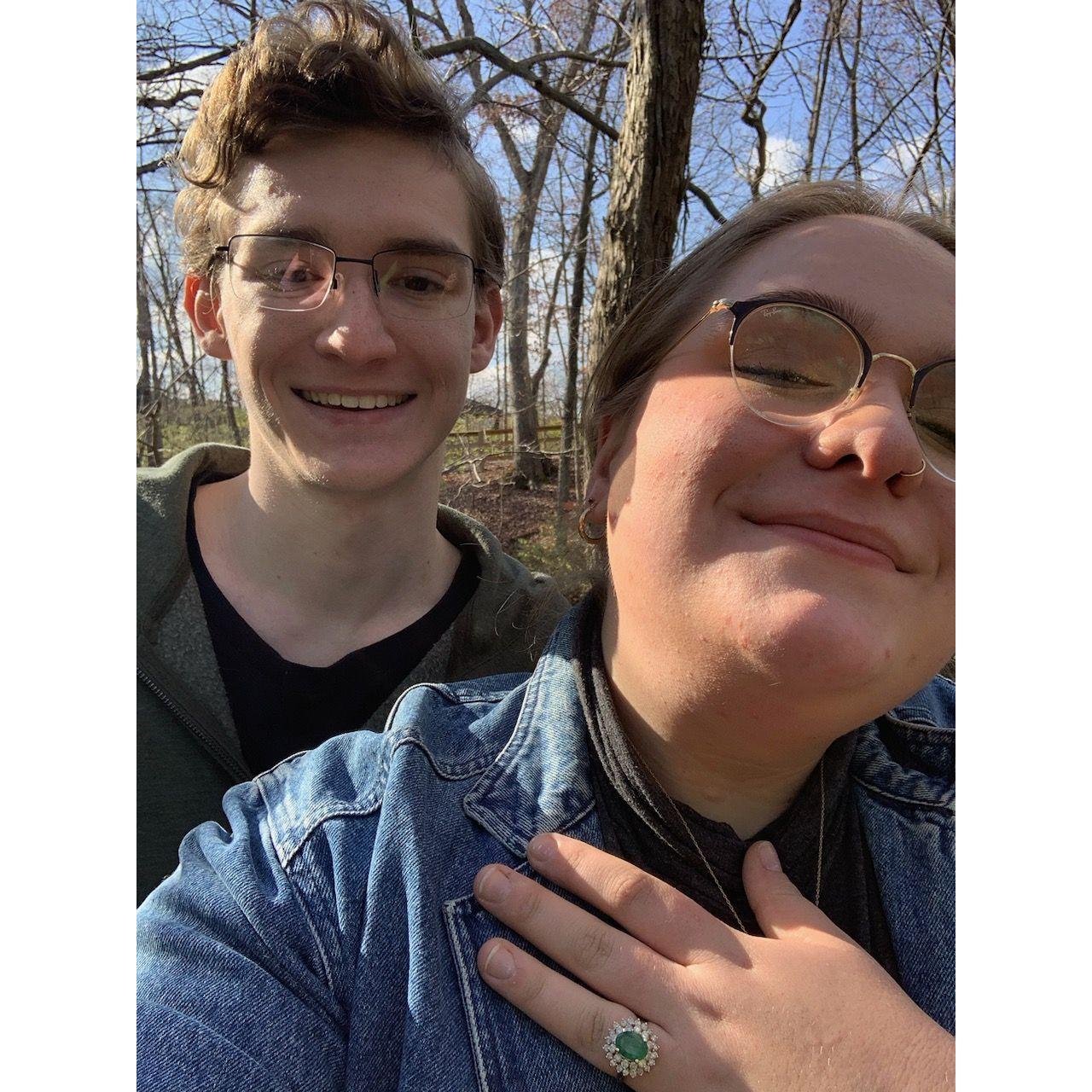 The day Justin proposed, October 13, 2020, on a hike near Indian River Falls, Dublin, OH