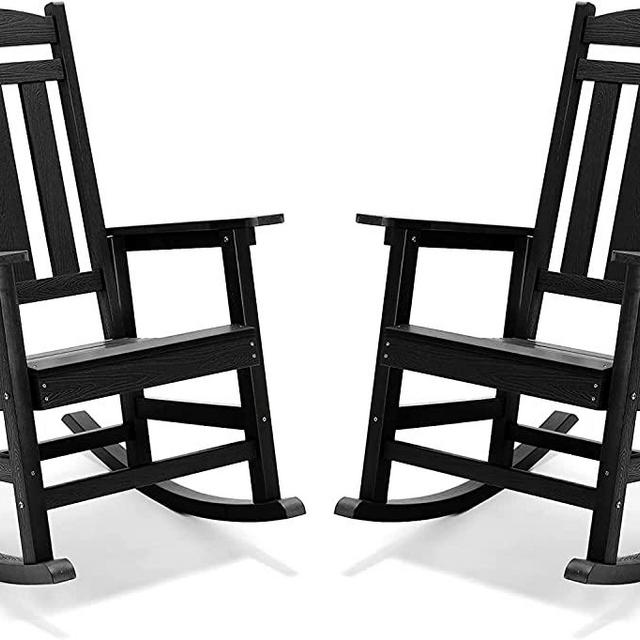 LUE BONA Outdoor Rocking Chairs Set of 2, Weather Resistant Poly Plastic Rocker Chairs, 350lb Heavy Duty, Oversized Porch Rocker for Adult, High Back Smooth Rocking Chairs for Outdoor & Indoor, Black